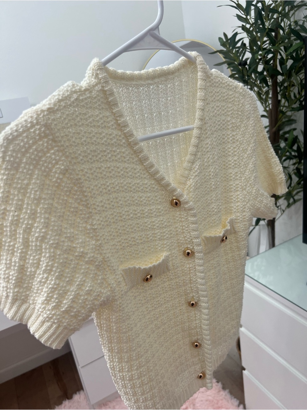Cream Short-Sleeve Knit Cardigan Sweater - Picture 2 of 3